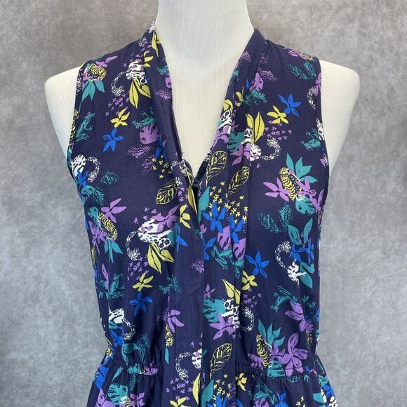 ModCloth Proactive Panache Lemur Romper Women Sz L Neck Tie Blue Tropical Floral - Picture 2 of 6